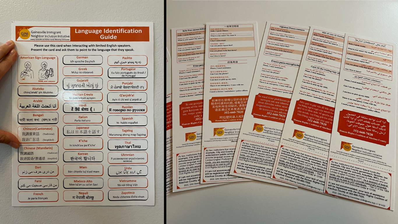 Photos of the print language access materials that Gainesville has created. The language ID guide is on the left and I Speak cards are on the right.