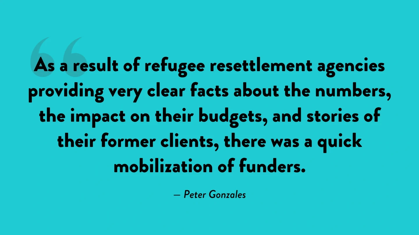 "As a result of refugee resettlement agencies providing very clear facts about the numbers, the impact on their budgets, and stories of their former clients, there was a quick mobilization of funders." - Peter Gonzalez