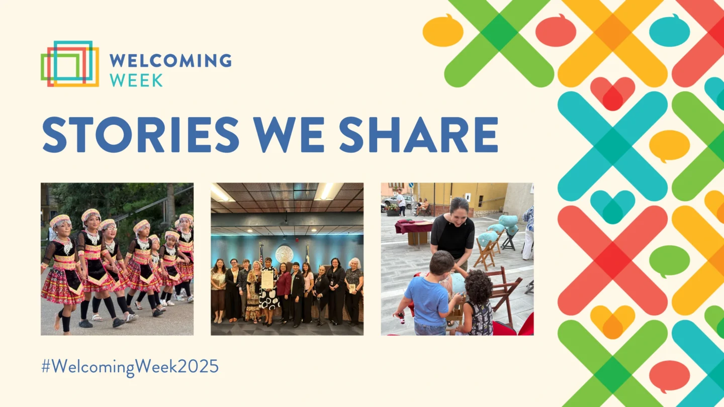 Stories We Share: #WelcomingWeek2025 graphic, featuring 3 images from Welcoming Week events